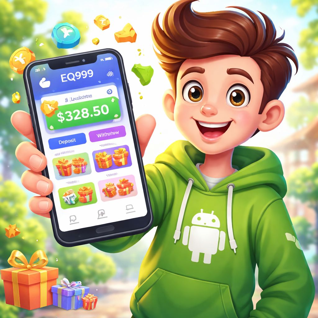 EQ999 cartoon mobile app character with smartphone, bright interface, and reward elements
