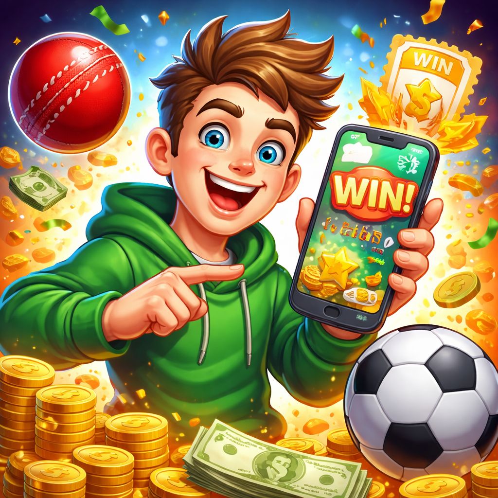 EQ999 themed cartoon betting character with sports elements and coins