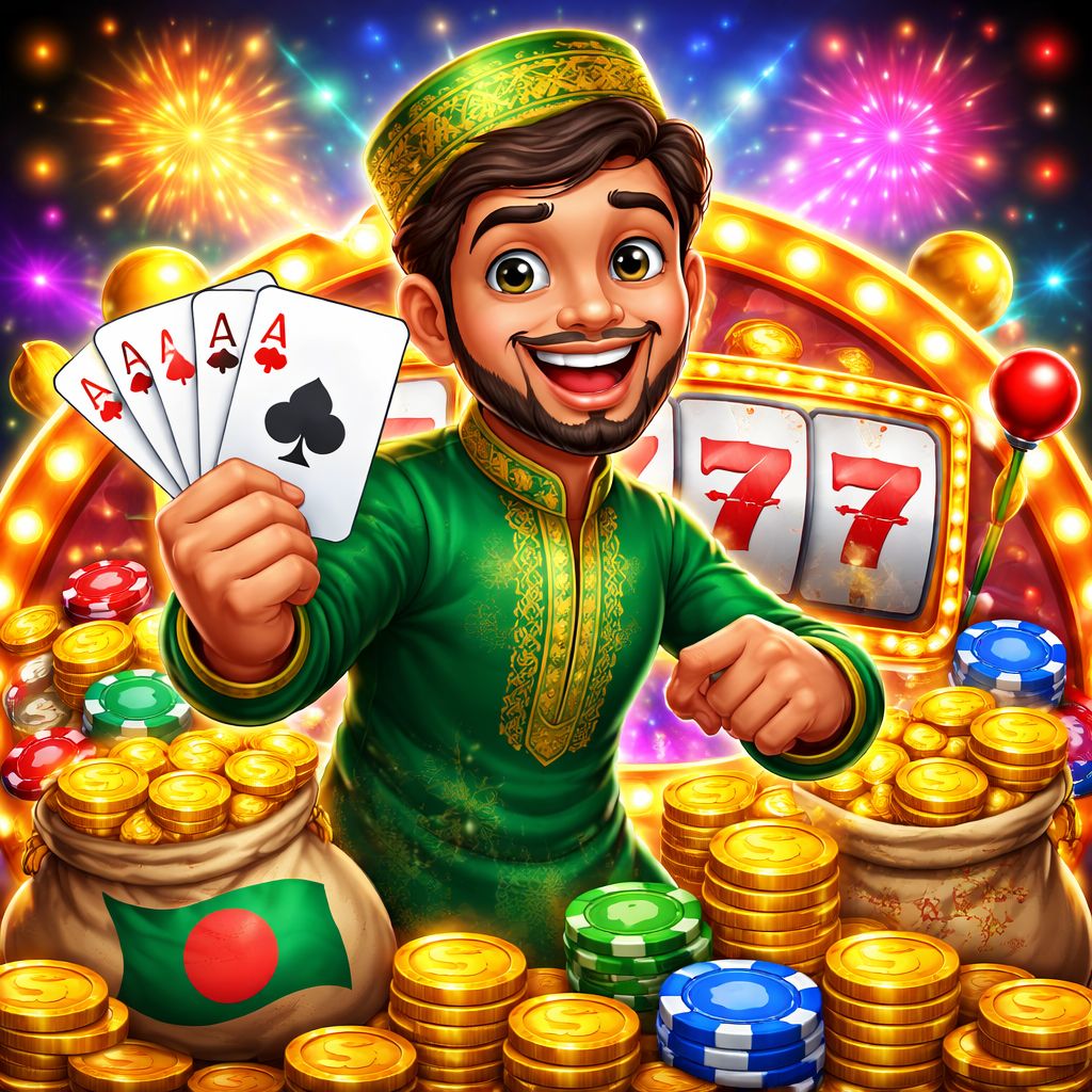 EQ999 casino cartoon characters with chips, cards, and bright gaming lights