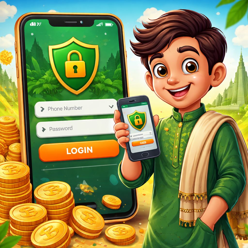 EQ999 themed cartoon character using a secure mobile login screen with coins and bright gaming visuals