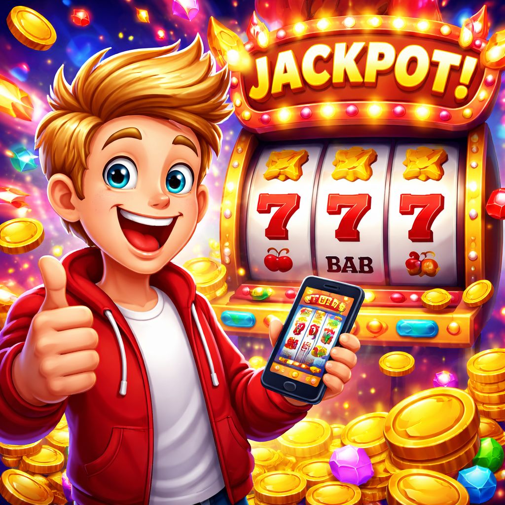 EQ999 themed cartoon slot character with coins and reels