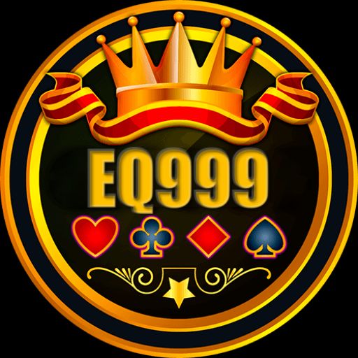 EQ999 themed cartoon characters with coins, mobile gaming elements, and a celebratory casino-style scene